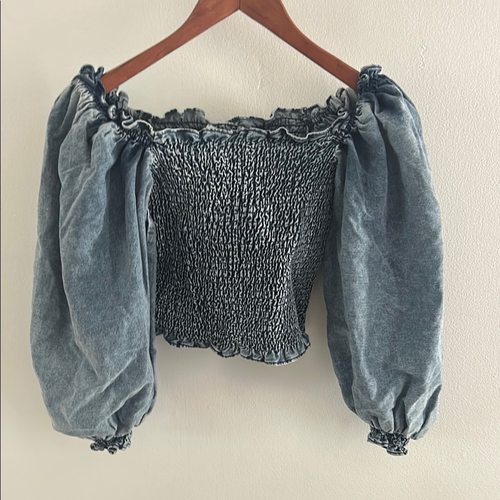 Something Navy Blue Smocked Blouse with Ruffled Sleeves